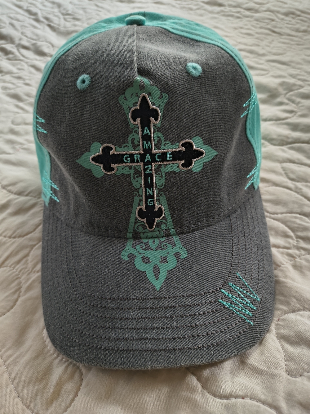 Women's Gray and Teal Cross Accent Baseball Cap